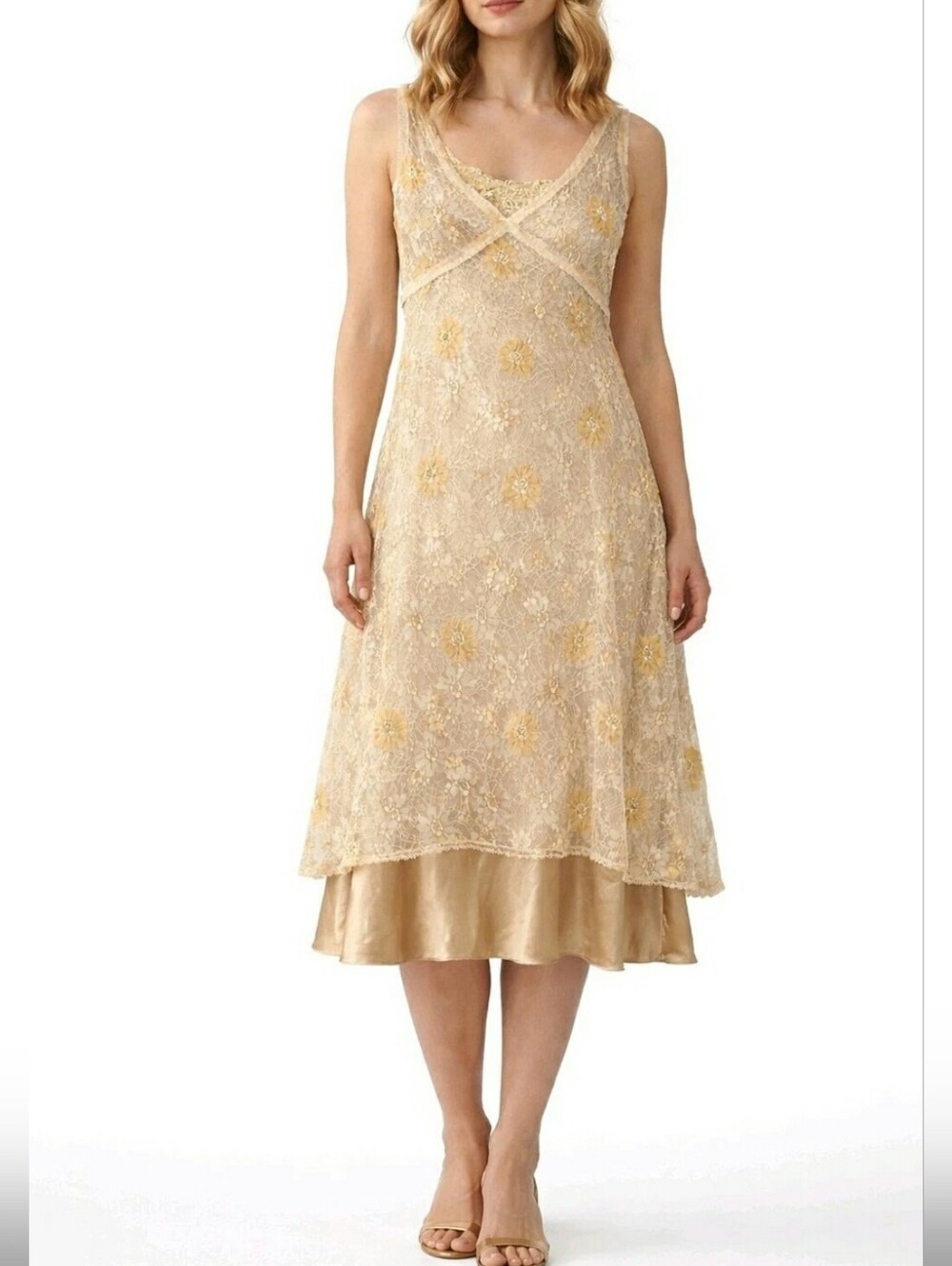Le Monta Vintage Champagne Lace Overlay Dress w/ Satin Slip Layered,Y2K, Size 2